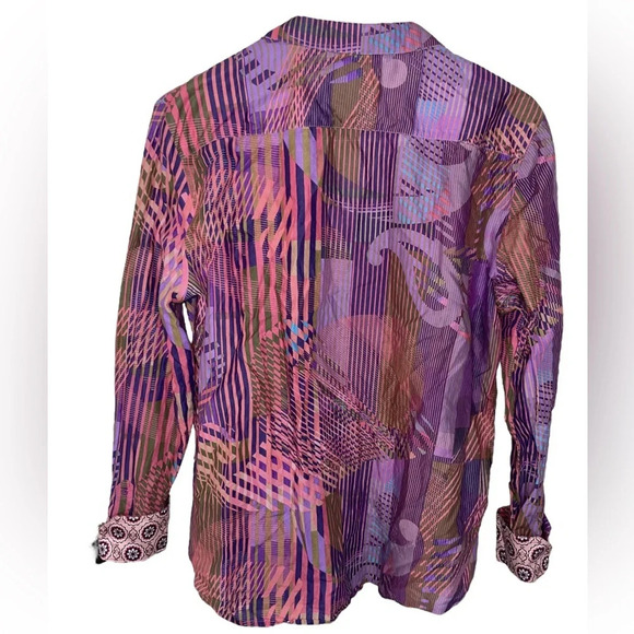 ROBERT GRAHAM Abstract Striped Button Up Shirt Women’s Size Large Purple Pink - Picture 2 of 13